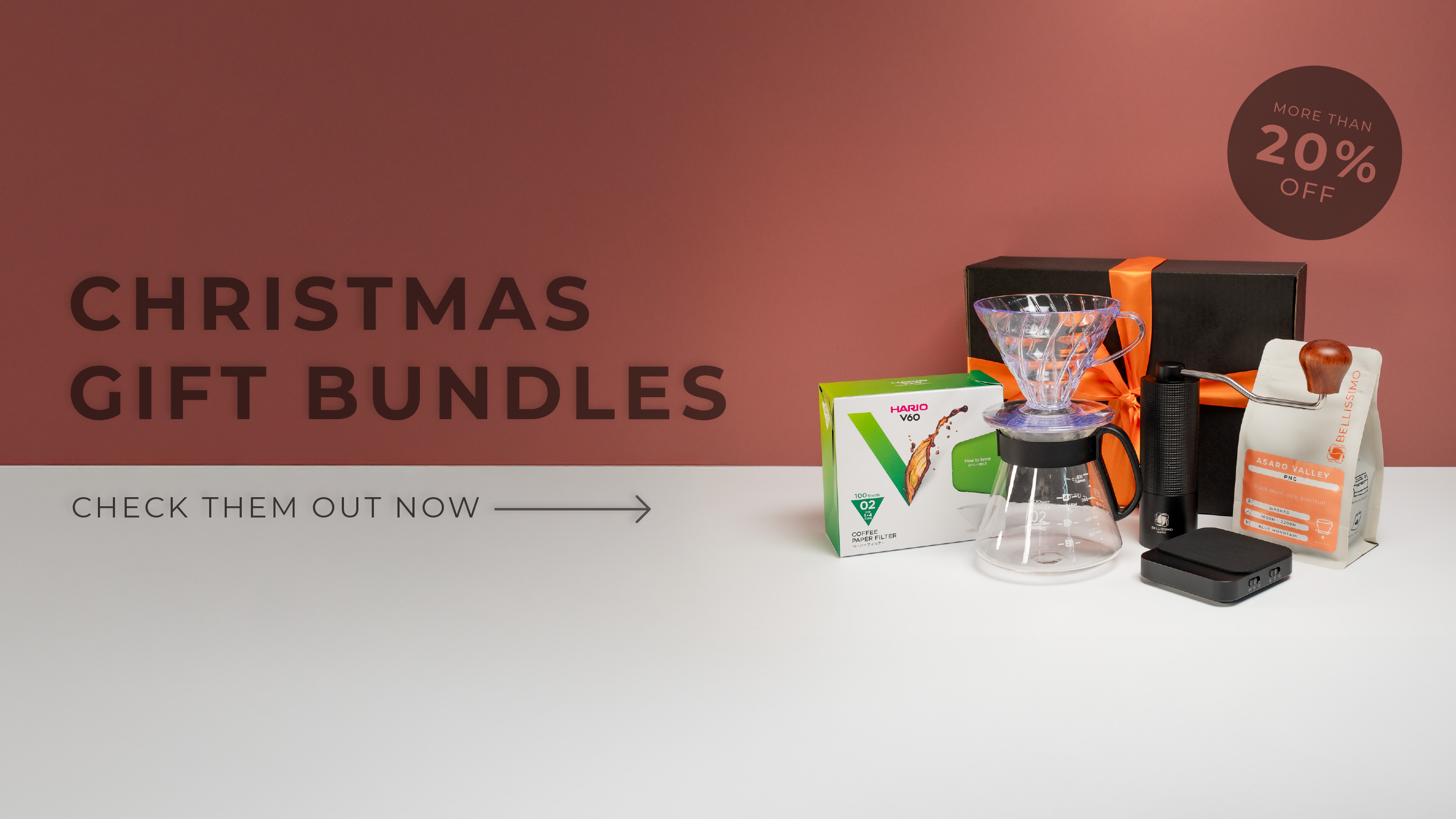 Christmas gift bundles featuring Bellissimo coffee gear, V60 set, grinder, and wrapped gift box.